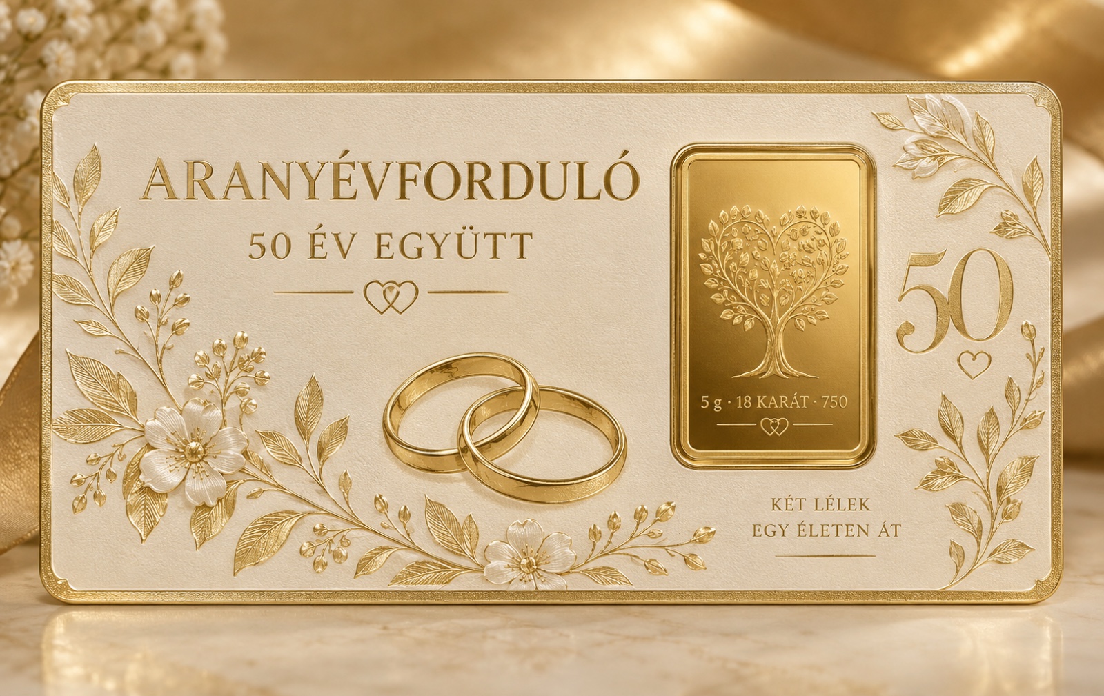 Aranyévforduló fekvő kártya 5 grammos aranylapkával